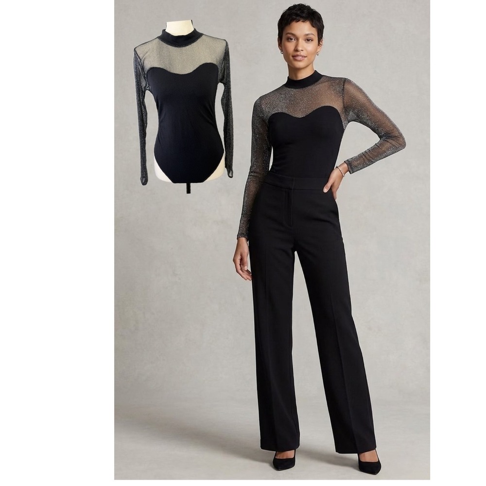 Soho Lady Black Metallic Mesh Long Sleeve Bodysuit Mock Neck M1132T-BS S/M